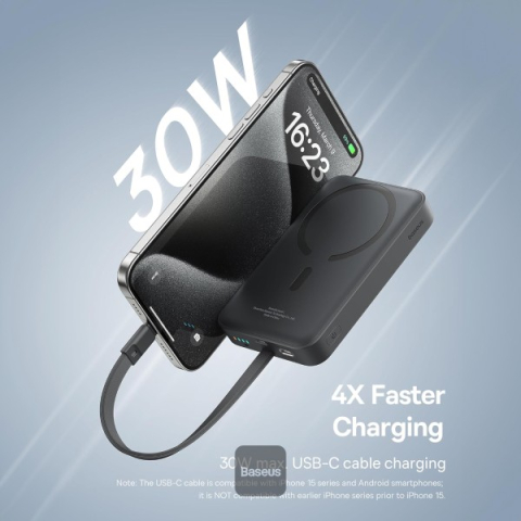 POWER BANK Baseus Magnetic Mini Wireless ,  10000mAh ,  30W ,  2 x USB Type-C output/input ,  15W wireless charging ,  cablu integrat USB Type-C ,  negru ,  Cod Produs: P1002210B113-00 [2]