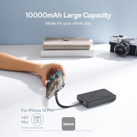 POWER BANK Baseus Magnetic Mini Wireless ,  10000mAh ,  30W ,  2 x USB Type-C output/input ,  15W wireless charging ,  cablu integrat USB Type-C ,  negru ,  Cod Produs: P1002210B113-00 [4]