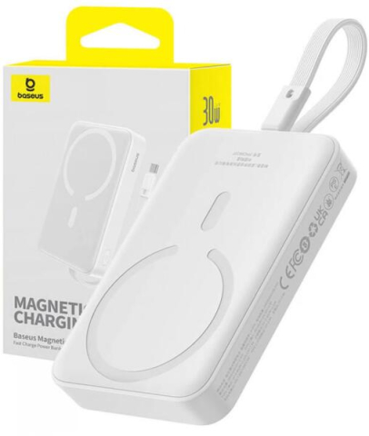 Electronice - POWER BANK Baseus Magnetic Mini Wireless, 10000mAh, 30W, 2 x USB Type-C output/input, cablu integrat USB Type-C, 15W wireless charging, alb, Cod Produs: P1002210B223-00