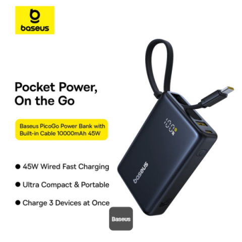 POWER BANK Baseus PicoGo ,  display ,  capacitate 10000mAh ,  45W ,  cablu integrat USB Type-C ,  1 x USB Type-C ,  1 x USB ,  total 5V/3A ,  negru ,  Cod Produs: P10076803123-00 [1]
