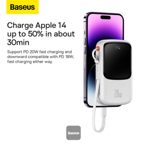 POWER BANK Baseus Qpow Pro Digital Display ,  10000mAh ,  20W ,  1 x cablu integrat Iphone Lightning output ,  1 x USB ,  1 x USB Type-C ,  alb Cod Produs: PPQD060002 [2]