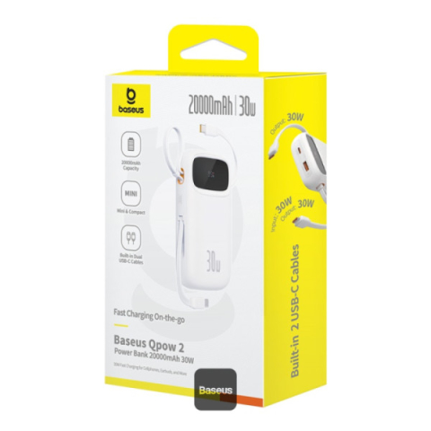 POWER BANK Baseus Qpow2 Digital Display ,  20000mAh ,  30W ,  2 x USB Type-C output/input ,  1 x USB ,  include cablu USB Type-C la USB Type-C 30cm ,  alb ,  Cod Produs: P10055009213-00 [2]