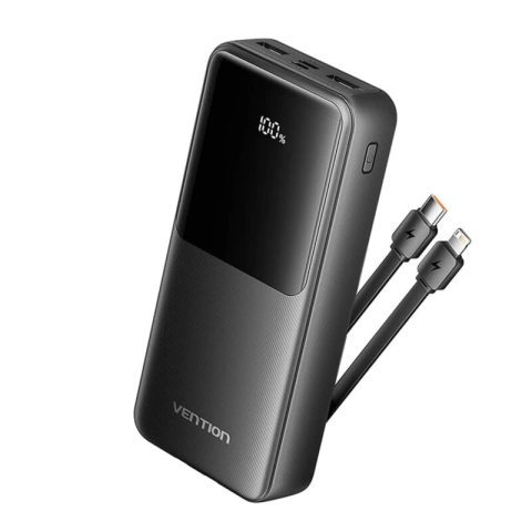 Electronice - POWER BANK Vention 20.000 mAh, 22.5W cablu USB-C si Lightining atasate, 2 x USB-A, 1 x USB-C, micro USB, afisaj LED, 315g, negru, Cod Produs: FHPB0