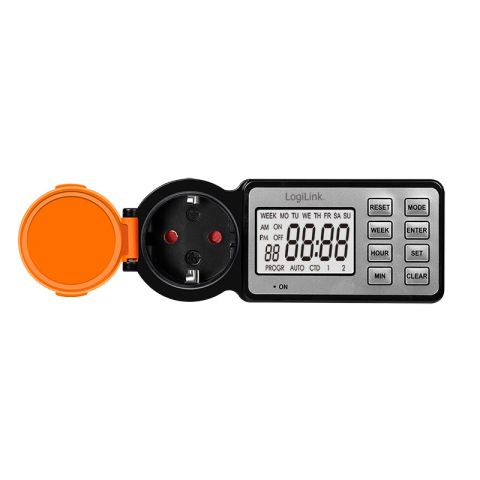 Prize si prelungitoare - PRELUNGITOR LOGILINK , Schuko x 1 , 230 V/16 A , 50 Hz , max. 3500 W , timer , LCD , 8 butoane operare , IP44 , de exterior , negru-portocaliu , Cod Produs: ET0016