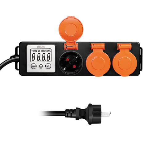 PRELUNGITOR LOGILINK ,  Schuko x 3 ,  cablu 3G 1.5mm2 ,  230 V/16 A ,  50 Hz ,  max. 3500 W ,  contor cost energetic ,  LCD ,  3 butoane operare ,  IP44 ,  de exterior ,  1.4m ,  negru-portocaliu ,  C [1]
