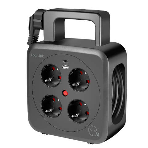 Electronice - PRELUNGITOR LOGILINK ,  Schuko x 4 ,  conectare prin Schuko (T) ,  16 A ,  1xUSB-A ,  1xUSB-C ,  comutator oprire termica ,  cablu 5m tip bobina ,  protectie IP20 ,  negru ,  Cod Produs: LPS504