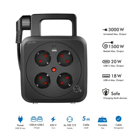 PRELUNGITOR LOGILINK ,  Schuko x 4 ,  conectare prin Schuko (T) ,  16 A ,  1xUSB-A ,  1xUSB-C ,  comutator oprire termica ,  cablu 5m tip bobina ,  protectie IP20 ,  negru ,  Cod Produs: LPS504 [1]