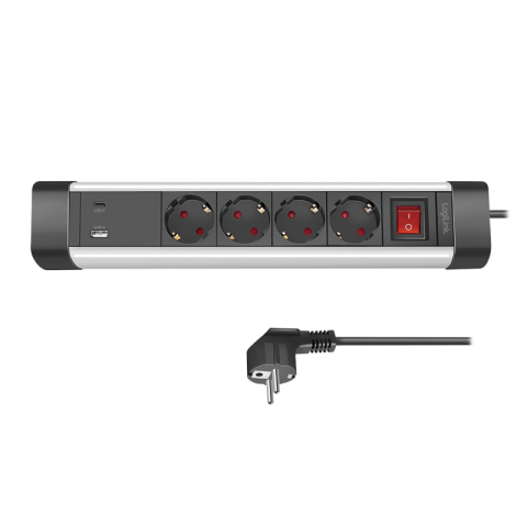 PRELUNGITOR LOGILINK ,  Schuko x 4 ,  conectare prin Schuko (T) ,  ON/OFF ,  16 A ,  1xUSB-A ,  1xUSB-C ,  cablu 1.5m ,  protectie IP20 ,  negru-argintiu ,  Cod Produs: LPS278U [1]