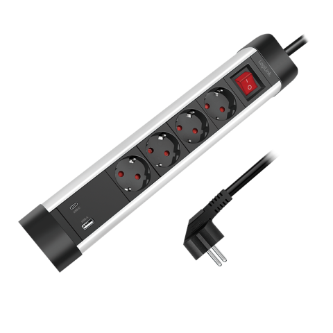 PRELUNGITOR LOGILINK ,  Schuko x 4 ,  conectare prin Schuko (T) ,  ON/OFF ,  16 A ,  1xUSB-A ,  1xUSB-C ,  cablu 1.5m ,  protectie IP20 ,  negru-argintiu ,  Cod Produs: LPS278U [2]