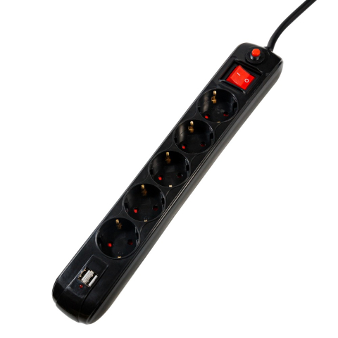 Electronice - PRELUNGITOR SPACER , Schuko x 5 , conectare prin Schuko (T) , USB x 2 , cablu 3 m , 16 A , max. 3500W , protectie supratensiune , negru , Cod Produs: PP-5-30B USB