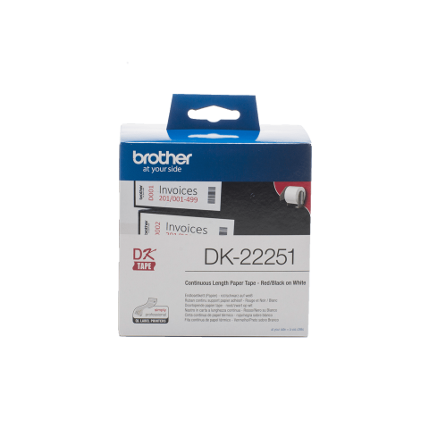 Benzi etichete originale Brother - Rola de hartie continua originala Brother DK22251, 62mm latime, 15.24 metrii, negru & rosu pe alb