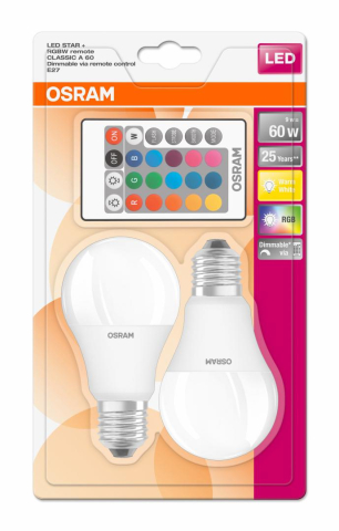 SET 2 becuri LED Osram , soclu E27 , putere 9W , forma clasic , lumina multicolora , alimentare 220 - 240 V , Cod Produs: 4058075091733 [0]