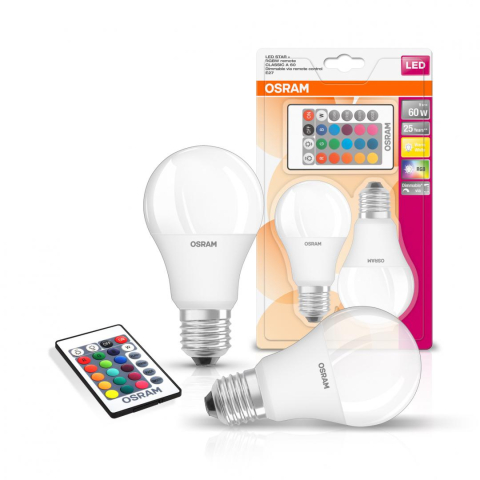 SET 2 becuri LED Osram , soclu E27 , putere 9W , forma clasic , lumina multicolora , alimentare 220 - 240 V , Cod Produs: 4058075091733 [1]