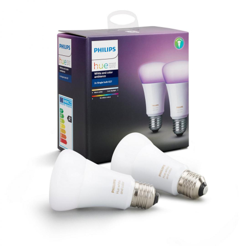 SET 2 becuri smart LED Philips , soclu E27 , putere 10W , forma clasic , lumina multicolora , alimentare 220 - 240 V , Cod Produs: 8718696729052 [0]