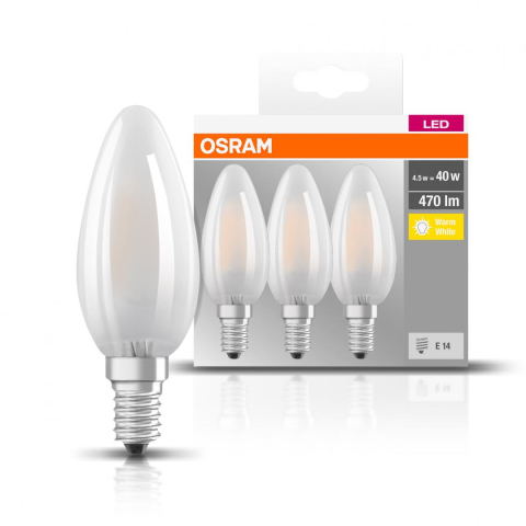 Becuri - SET 3 becuri LED Osram ,  soclu E14 ,  putere 4.5W ,  forma lumanare ,  lumina alb calda ,  alimentare 220 - 240 V ,  Cod Produs: 4058075819375