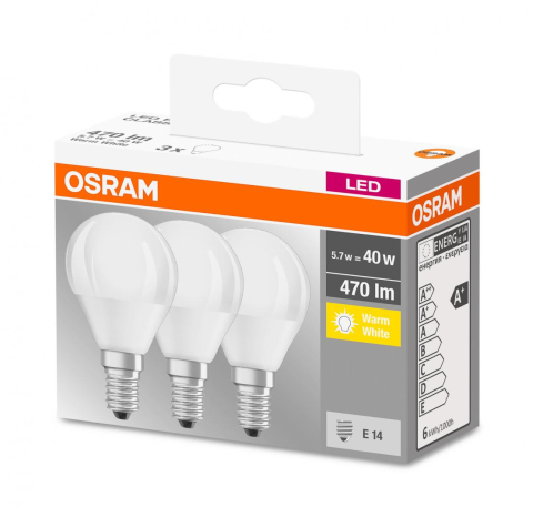 Becuri - SET 3 becuri LED Osram ,  soclu E14 ,  putere 5.7W ,  forma clasic ,  lumina alb calda ,  alimentare 220 - 240 V ,  Cod Produs: 4058075090507