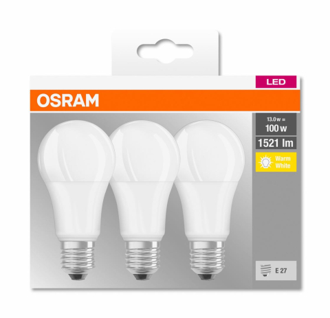 Becuri - SET 3 becuri LED Osram ,  soclu E27 ,  putere 13W ,  forma clasic ,  lumina alb calda ,  alimentare 220 - 240 V ,  Cod Produs: 4058075819412