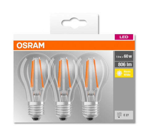 Becuri - SET 3 becuri LED Osram ,  soclu E27 ,  putere 7W ,  forma clasic ,  lumina alb calda ,  alimentare 220 - 240 V ,  Cod Produs: 4058075819290