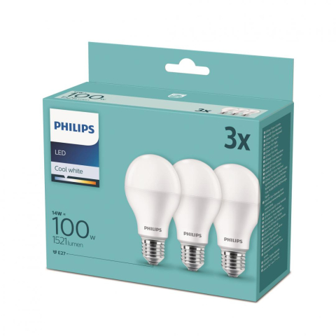 Becuri - SET 3 becuri LED Philips ,  soclu E27 ,  putere 14W ,  forma clasic ,  lumina alb rece ,  alimentare 220 - 240 V ,  Cod Produs: 8718699694906