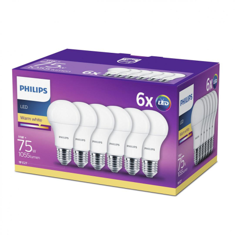 SET 6 becuri LED Philips ,  soclu E27 ,  putere 11W ,  forma clasic ,  lumina alb calda ,  alimentare 220 - 240 V ,  Cod Produs: 8718696586297 [0]