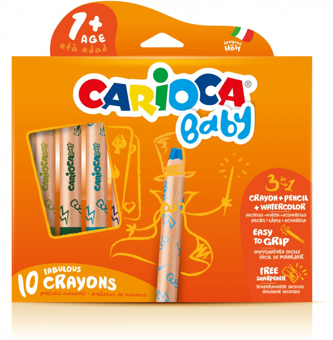 Creioane colorate CARIOCA Baby 1+, 3 in 1, 10 culori/cutie, ascutitoare inclusa [1]