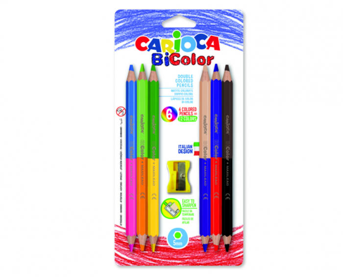 Creioane colorate CARIOCA BiColor Maxi, hexagonale, bicolore, 6 buc/blister, ascutitoare inclusa [1]