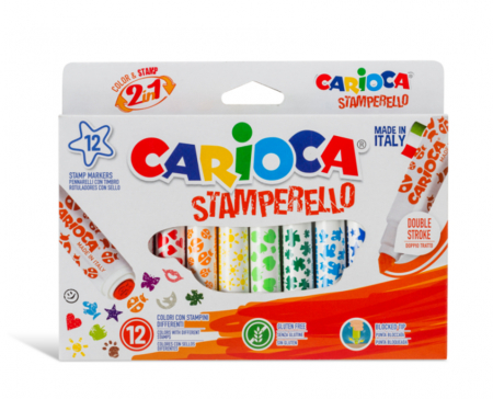 Set 12 markere lavabile, cu 12 stampile diverse forme, cutie carton, CARIOCA Stamperello [0]