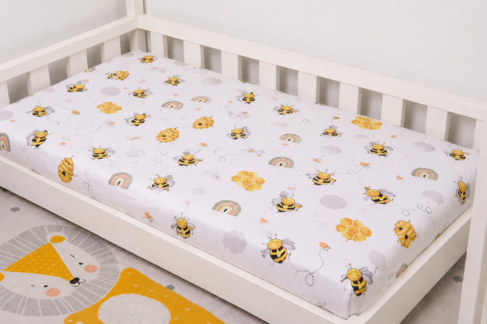 Cearșaf bumbac 100%, pătuț incastrabil grădiniță 140x60 cm, model albinuțe [3]