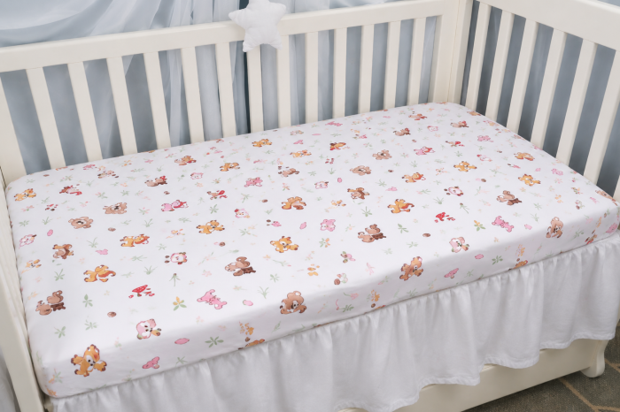 Cearșaf bumbac 100%, pătuț incastrabil grădiniță 140x60 cm, model cu animăluțe și ciupercuțe [2]