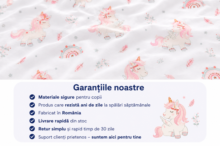 Cearșaf bumbac 100%, pătuț incastrabil grădiniță 140x60 cm, model unicorni roz [4]