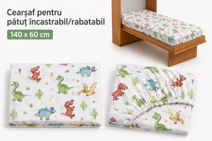 Cearșaf bumbac 100%, pătuț incastrabil grădiniță 140x60 cm, model cu dinozauri [3]