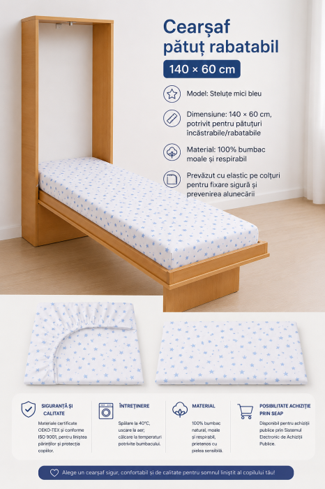 Cearșaf bumbac 100%, pătuț incastrabil grădiniță 140x60 cm, model steluțe mici bleu [3]