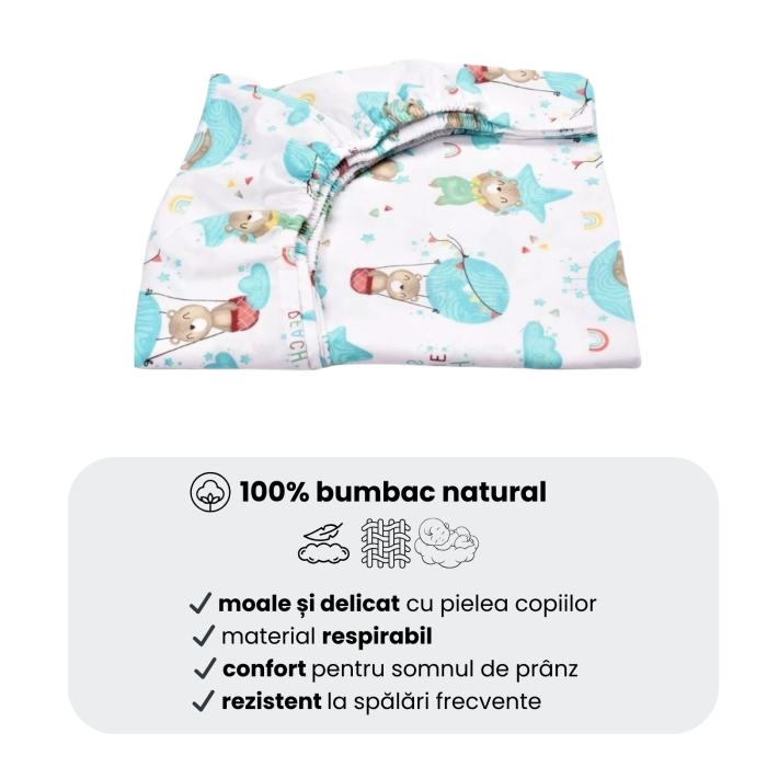 Cearsaf bumbac 100%, pătuț incastrabil grădinită 140x60 cm, model ursuleți în balon [4]