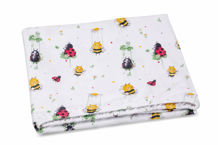 Cearșaf cu elastic, pat stivuibil grădiniță 131x55x3 cm, bumbac 100%, moale și fin, multicolor, model buburuze și albinuțe [2]