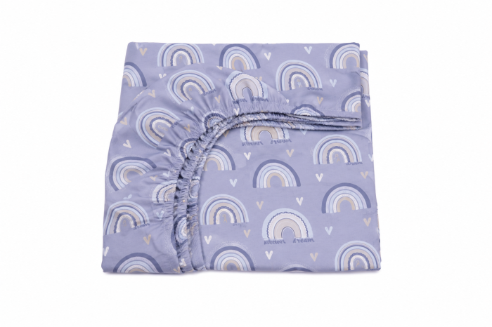 Cearșaf cu elastic, pat stivuibil grădiniță 131x55x3 cm, bumbac 100%, moale și fin, multicolor, model curcubee bleu [2]