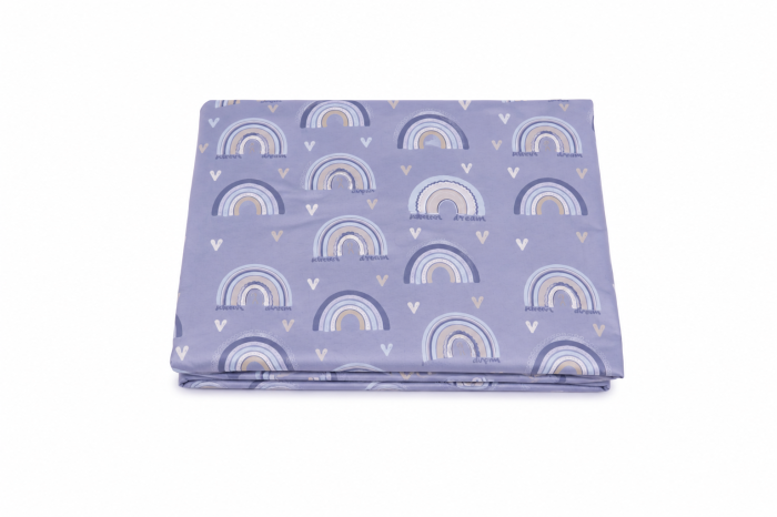 Cearșaf cu elastic, pat stivuibil grădiniță 131x55x3 cm, bumbac 100%, moale și fin, multicolor, model curcubee bleu [3]