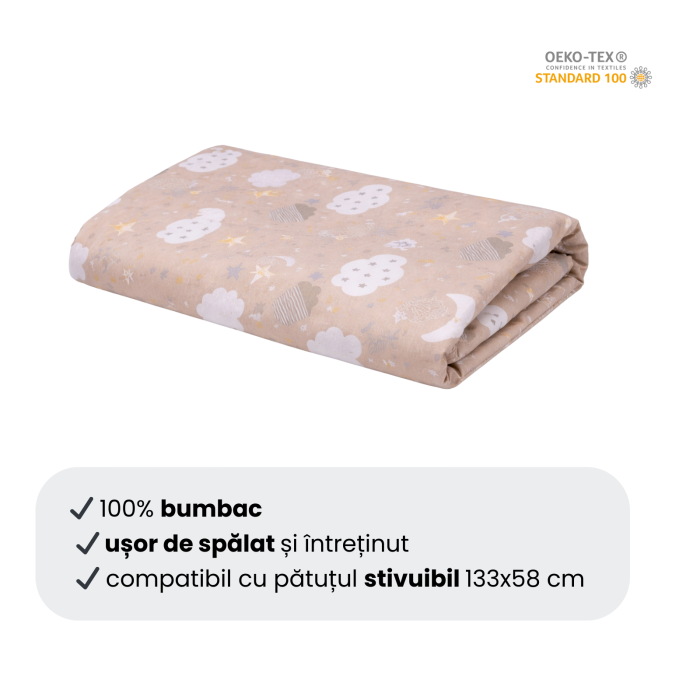 Cearșaf pătuț stivuibil grădiniță sau creșă 131x55 cm, bumbac 100%, model Norișori Maro [3]