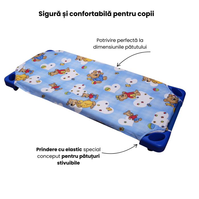 Cearșaf pătuț stivuibil grădiniță sau creșă 131x55 cm, bumbac Standard, model ursuleți pe fond bleu [5]