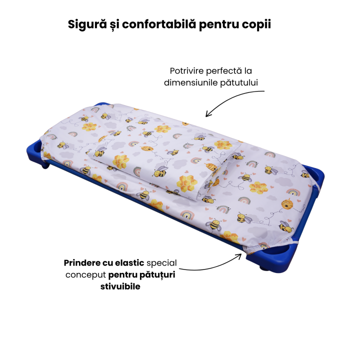 Cearșaf pătuț stivuibil grădiniță sau creșă 133x58 cm, bumbac 100%, model Albinuțe [3]