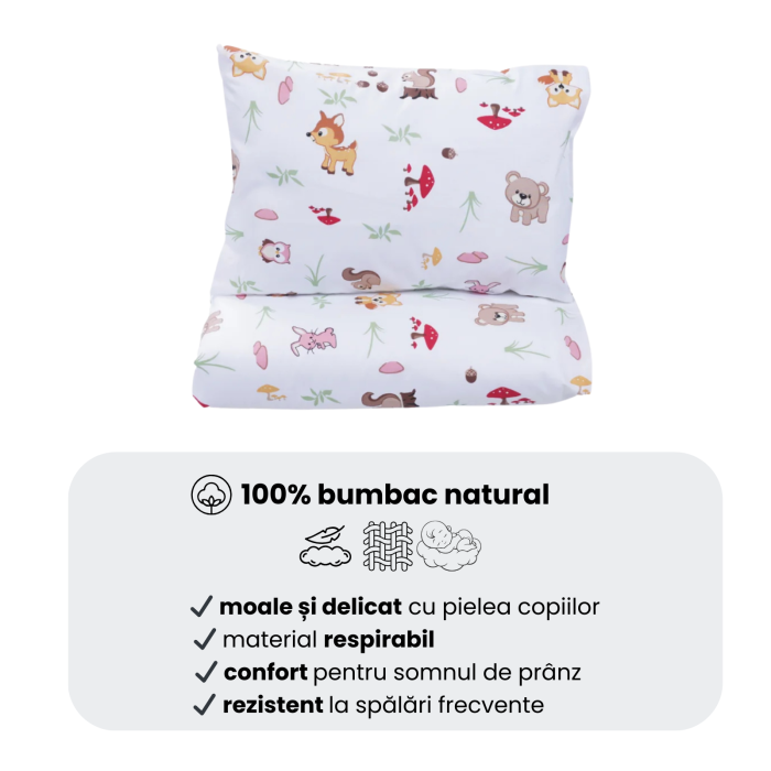 Cearșaf pătuț stivuibil grădiniță sau creșă 133x58 cm, bumbac 100%, model Animăluțe și Ciuperci [6]