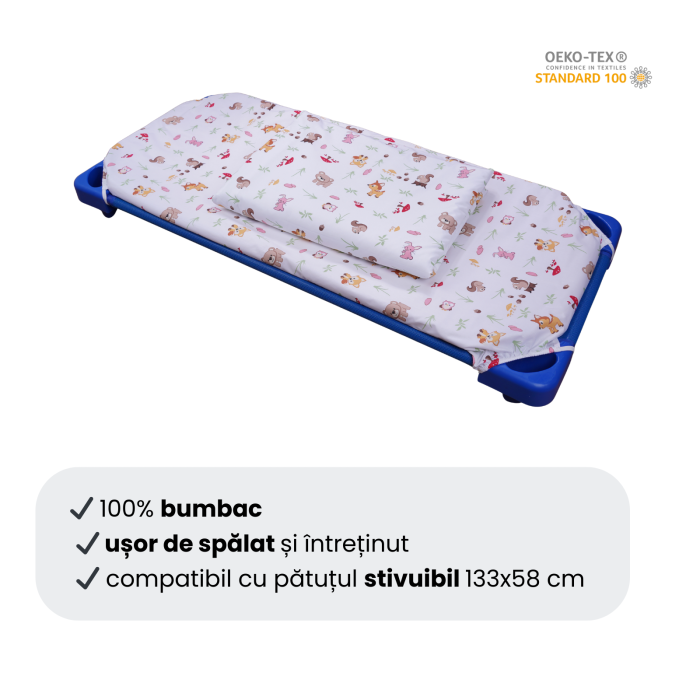 Cearșaf pătuț stivuibil grădiniță sau creșă 133x58 cm, bumbac 100%, model Animăluțe și Ciuperci [3]
