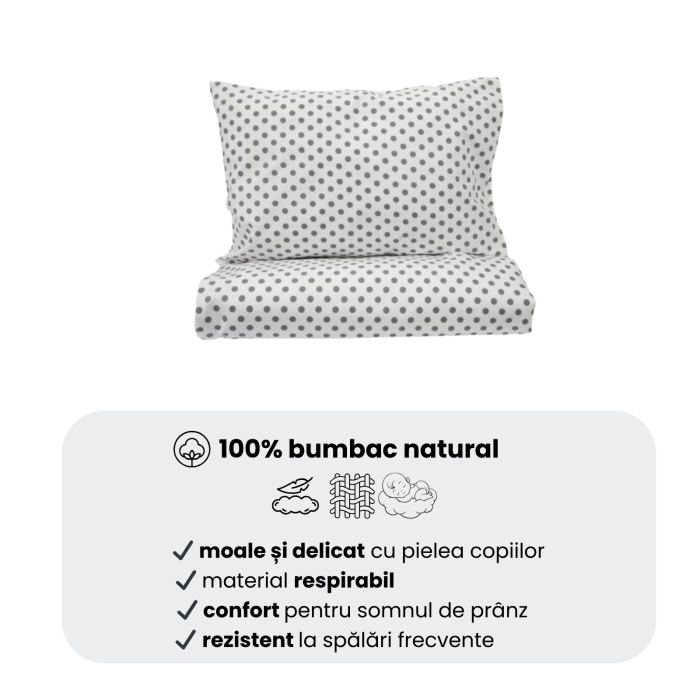 Cearșaf pătuț stivuibil grădiniță sau creșă 133x58 cm, bumbac 100%, model Bulinuțe gri [3]
