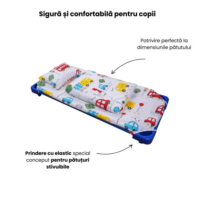 Cearșaf pătuț stivuibil grădiniță sau creșă 133x58 cm, bumbac 100%, model Mașinuțe [4]