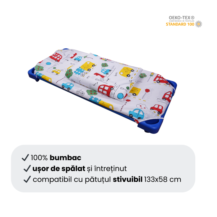 Cearșaf pătuț stivuibil grădiniță sau creșă 133x58 cm, bumbac 100%, model Mașinuțe [3]