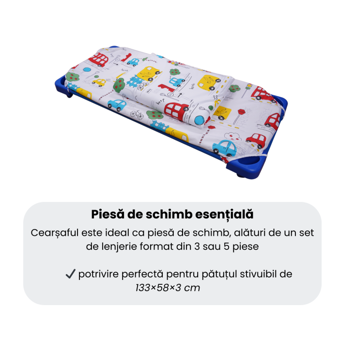 Cearșaf pătuț stivuibil grădiniță sau creșă 133x58 cm, bumbac 100%, model Mașinuțe [5]
