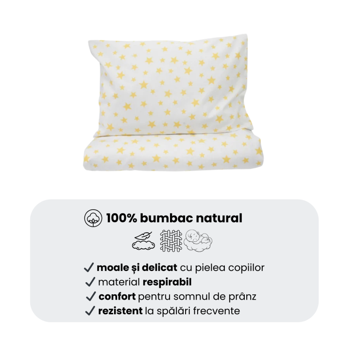 Cearșaf pătuț stivuibil grădiniță sau creșă 133x58 cm, bumbac 100%, model Steluțe galbene [5]
