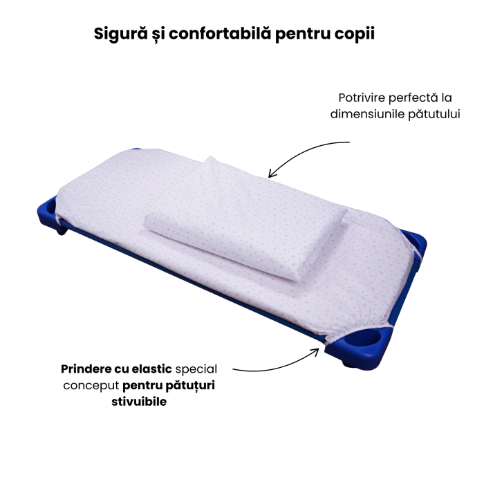 Cearșaf pătuț stivuibil grădiniță sau creșă 131x55 cm, bumbac 100%, model Steluțe roz [4]