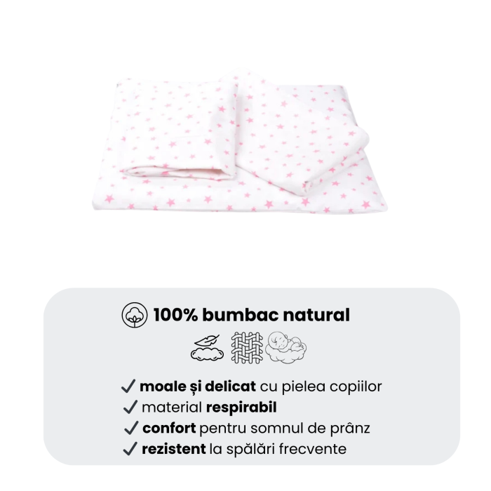 Cearșaf pătuț stivuibil grădiniță sau creșă 131x55 cm, bumbac 100%, model Steluțe roz [3]