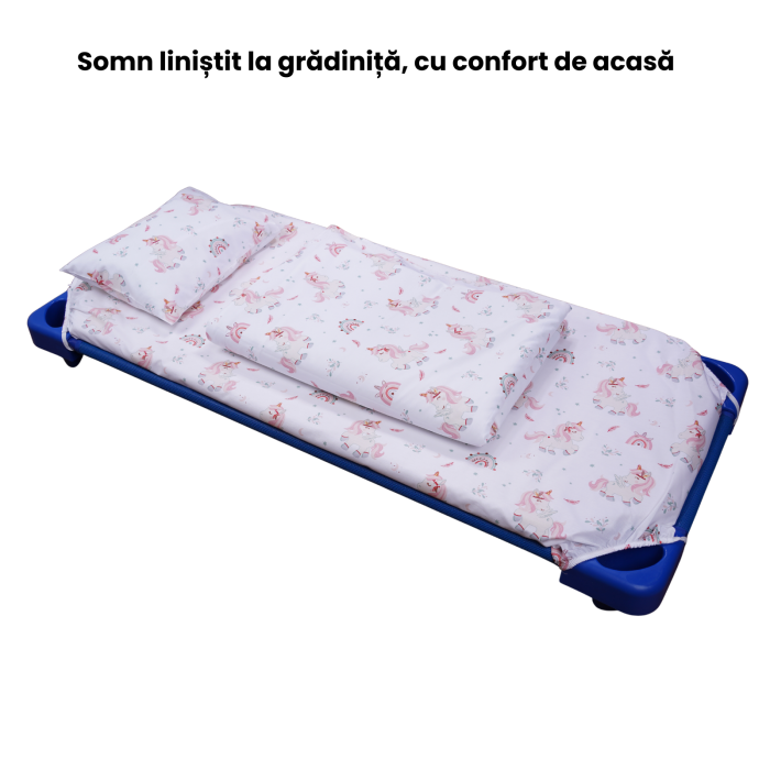 Cearșaf pătuț stivuibil grădiniță sau creșă 133x58 cm, bumbac 100%, model Unicorni [2]
