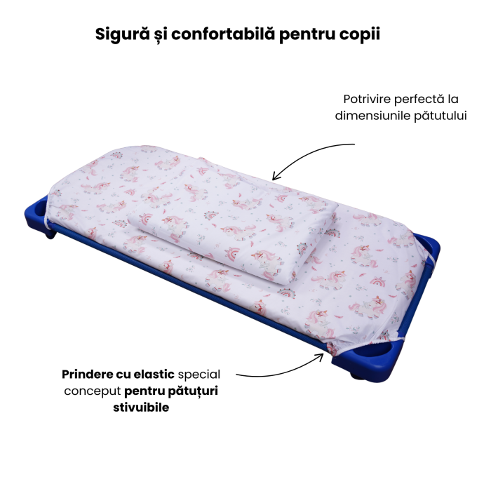 Cearșaf pătuț stivuibil grădiniță sau creșă 133x58 cm, bumbac 100%, model Unicorni [4]